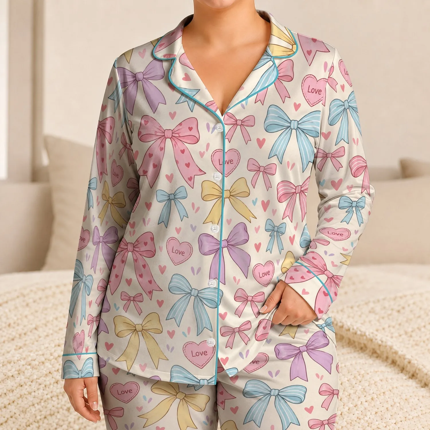 Pastel Ribbon Bows and Love Hearts for Sweet Summer Bedtime Style for Young Girls Satin Pajamas Set - 1