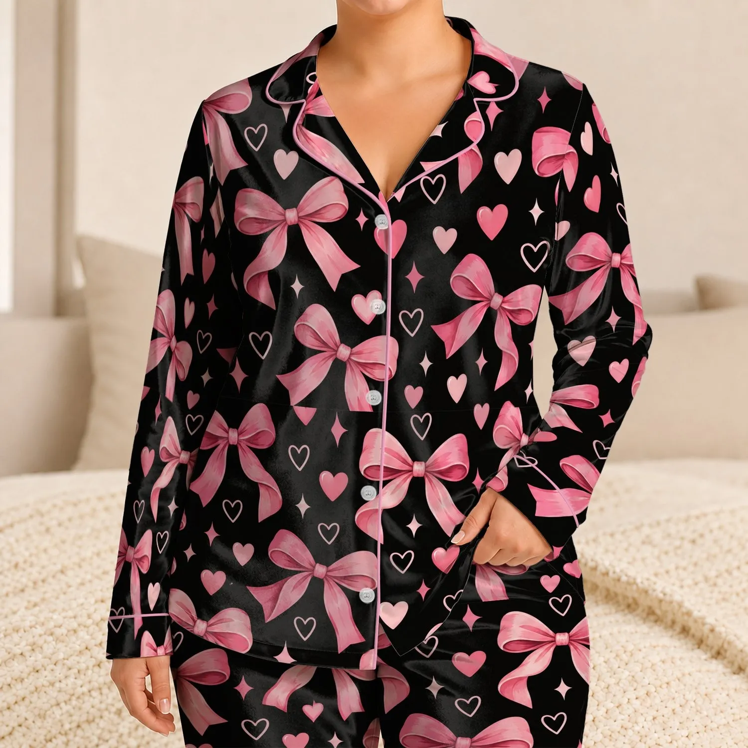 Pink Bow and Heart Motifs for Romantic Spring Evenings and Sweet Gift Giving for Her Satin Pajamas Set - 1