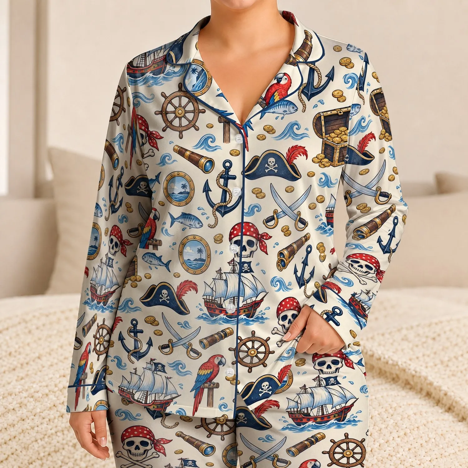 Playful Pirate Treasures for Relaxed Coastal Getaways and Easygoing Summer Nights at Sea Satin Pajamas Set - 1