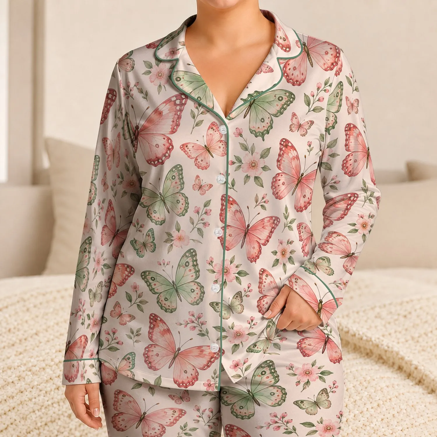 Coral Mint Butterfly Motifs for Cozy Evenings and Relaxed At-Home Lounging Style Satin Pajamas Set - 1