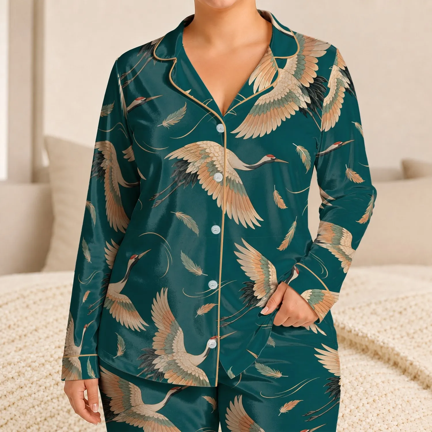 Flying Crane Motifs for Relaxed Coastal Escapes and Refined Men's Resort Lounge Style Satin Pajamas Set - 1