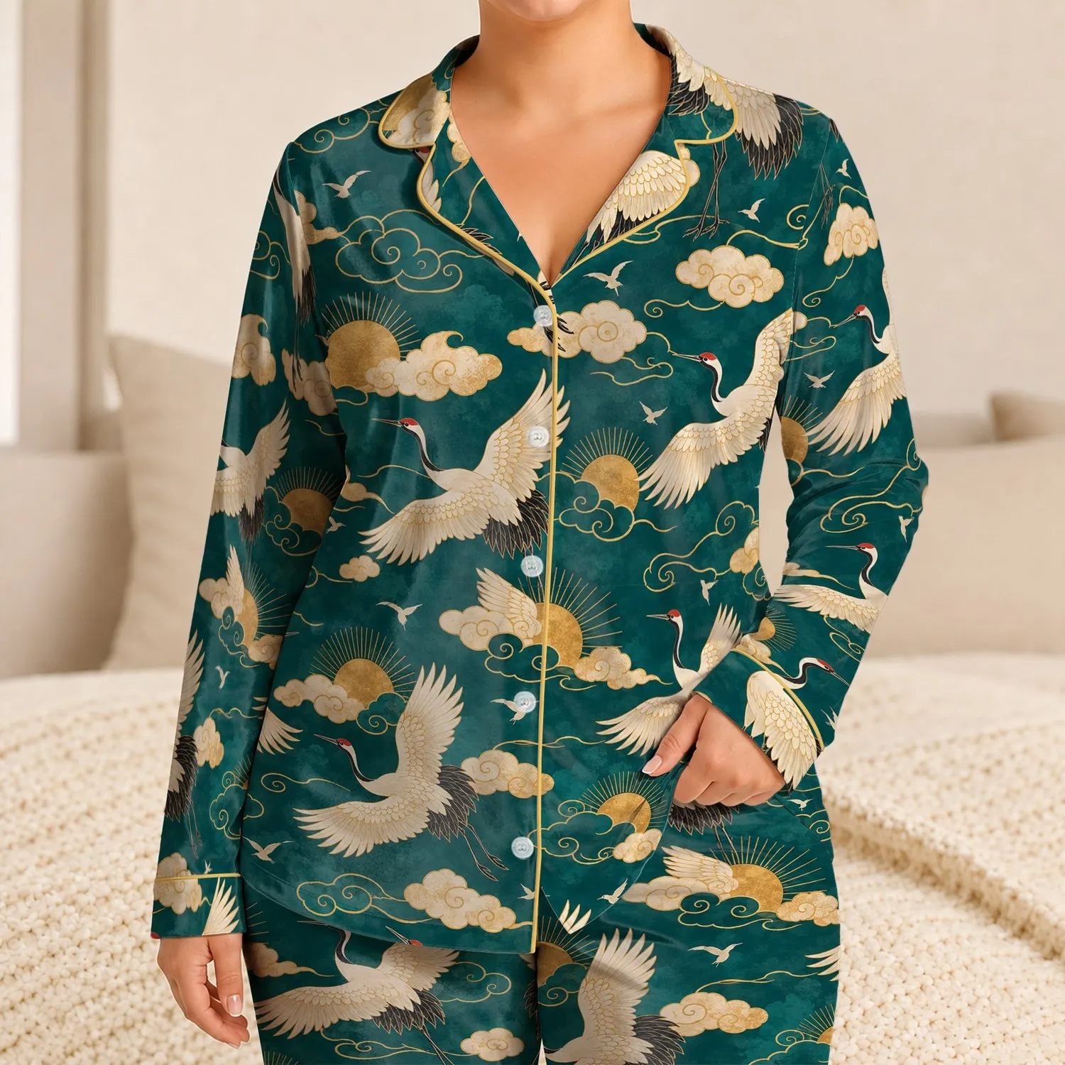 Ivory Cranes And Golden Clouds For Coastal Getaways And Relaxed Resort Living Men Satin Pajamas Set - 1