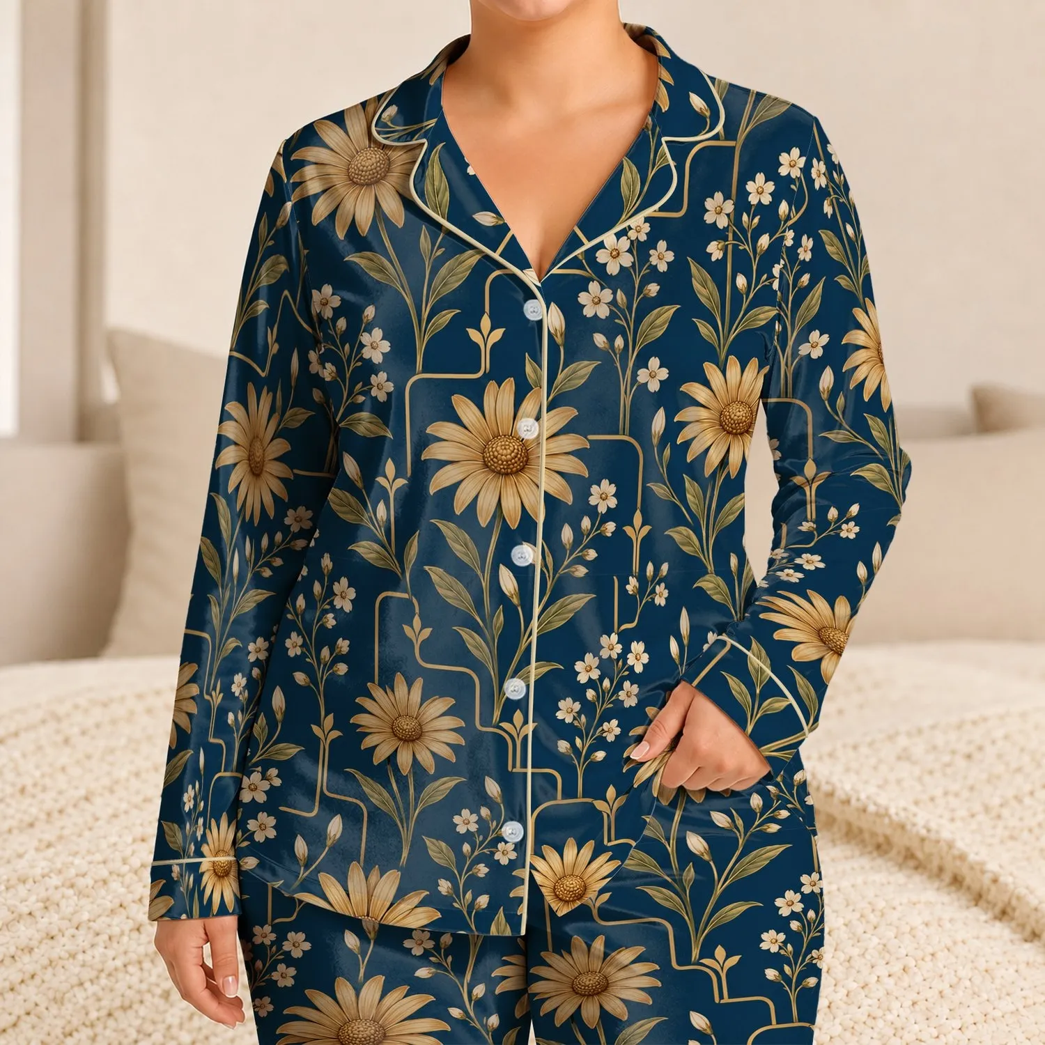 Golden Daisy and Vine Motifs for Refined Tropical Getaways and Relaxed Evenings Satin Pajamas Set - 1