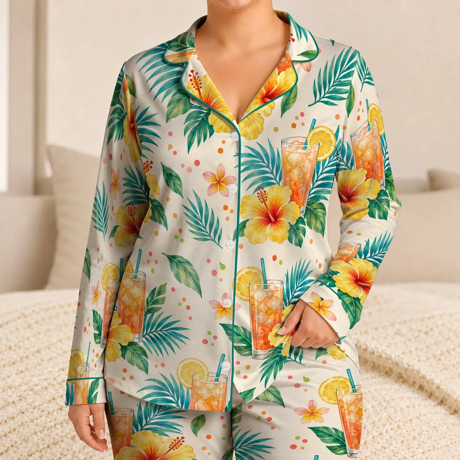 Watercolor Hibiscus Cocktails for Tropical Beach Getaways and Summer Escapes Satin Pajamas Set - 1