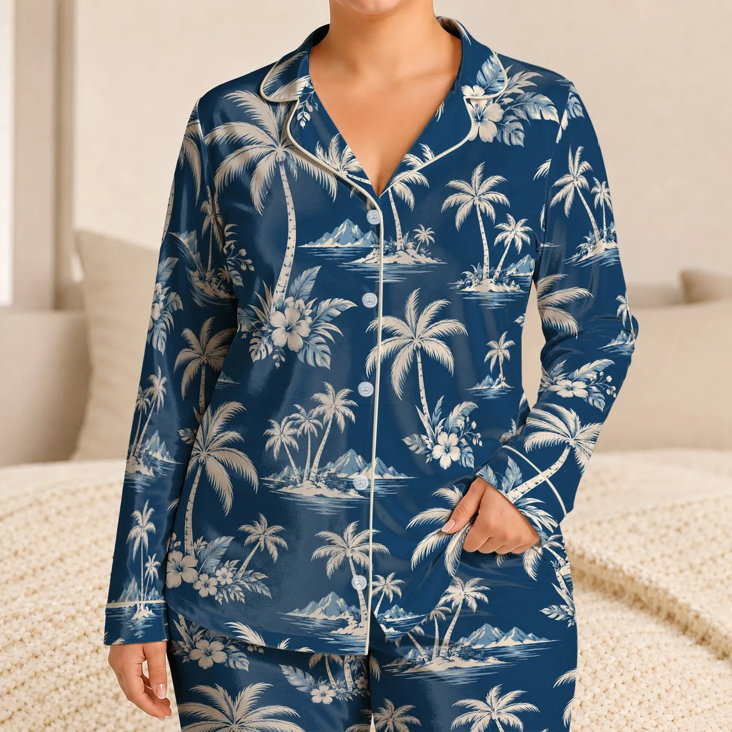 Navy Palm Tree Tropical Style for Beach Getaways and Relaxed Summer Escapes Satin Pajamas Set - 1