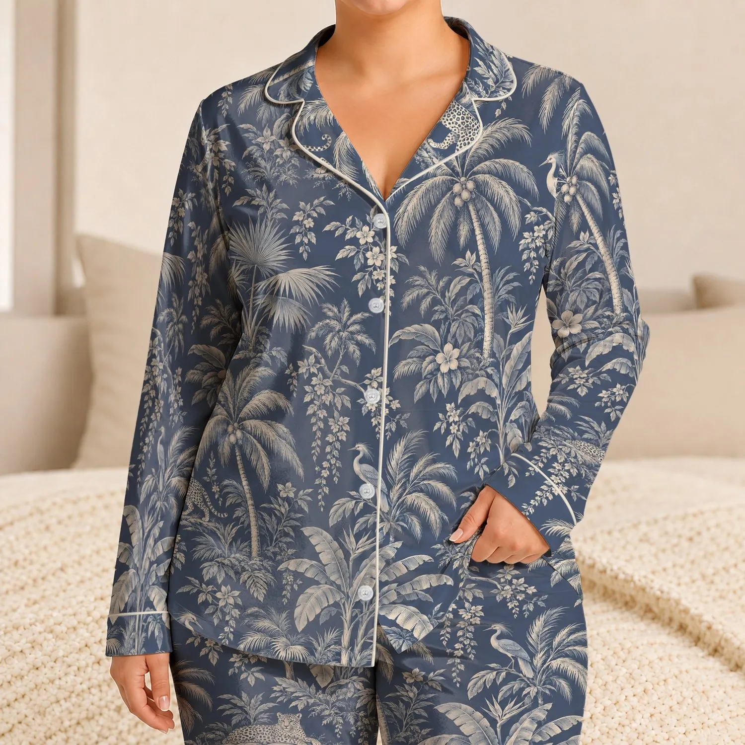 Ivory Palm Trees and Jungle Wildlife for Relaxed Coastal Getaways and Island Escapes Satin Pajamas Set - 1