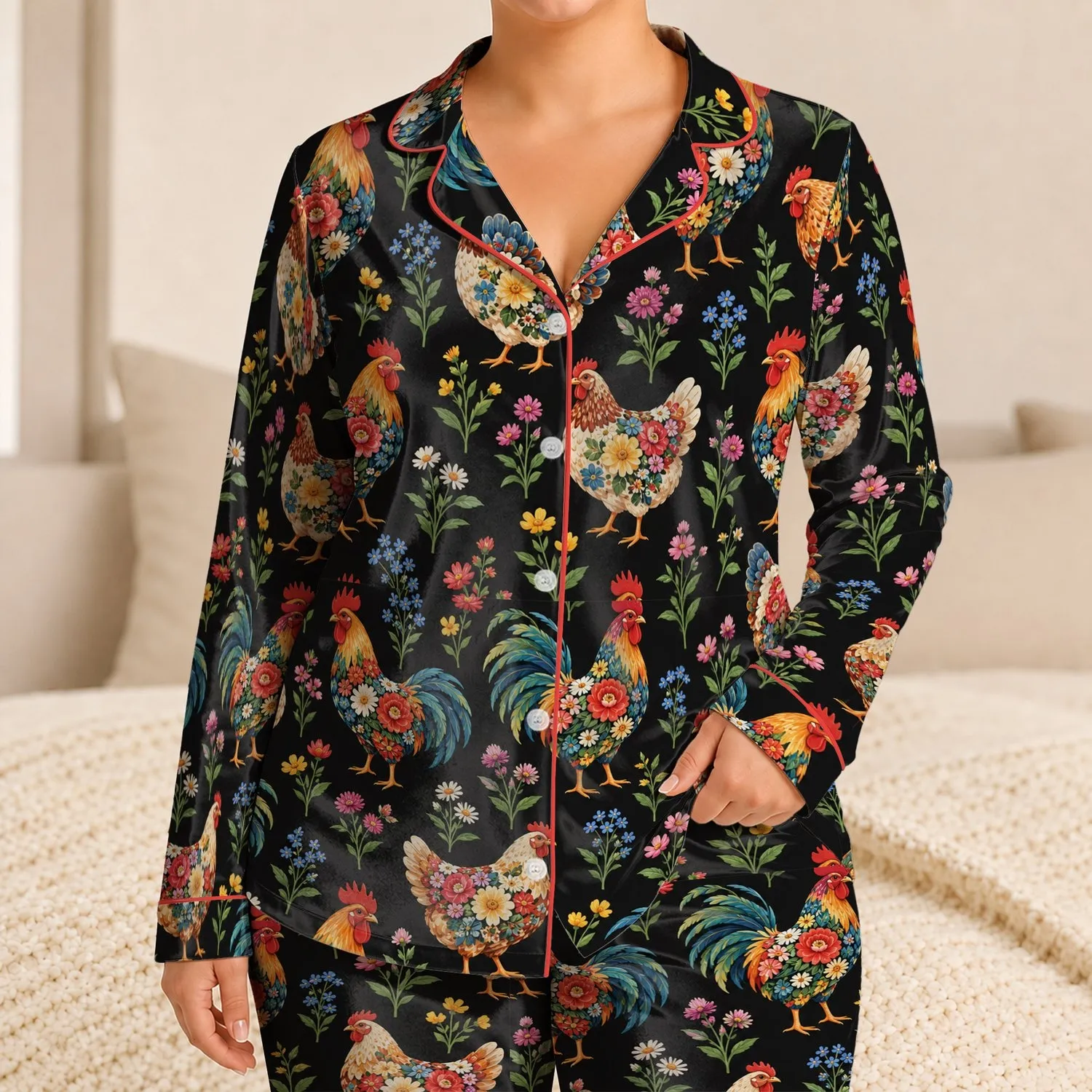Colorful Floral Rooster Motifs for Cozy Farmhouse Mornings and Country Living Fans Satin Pajamas Set - 1