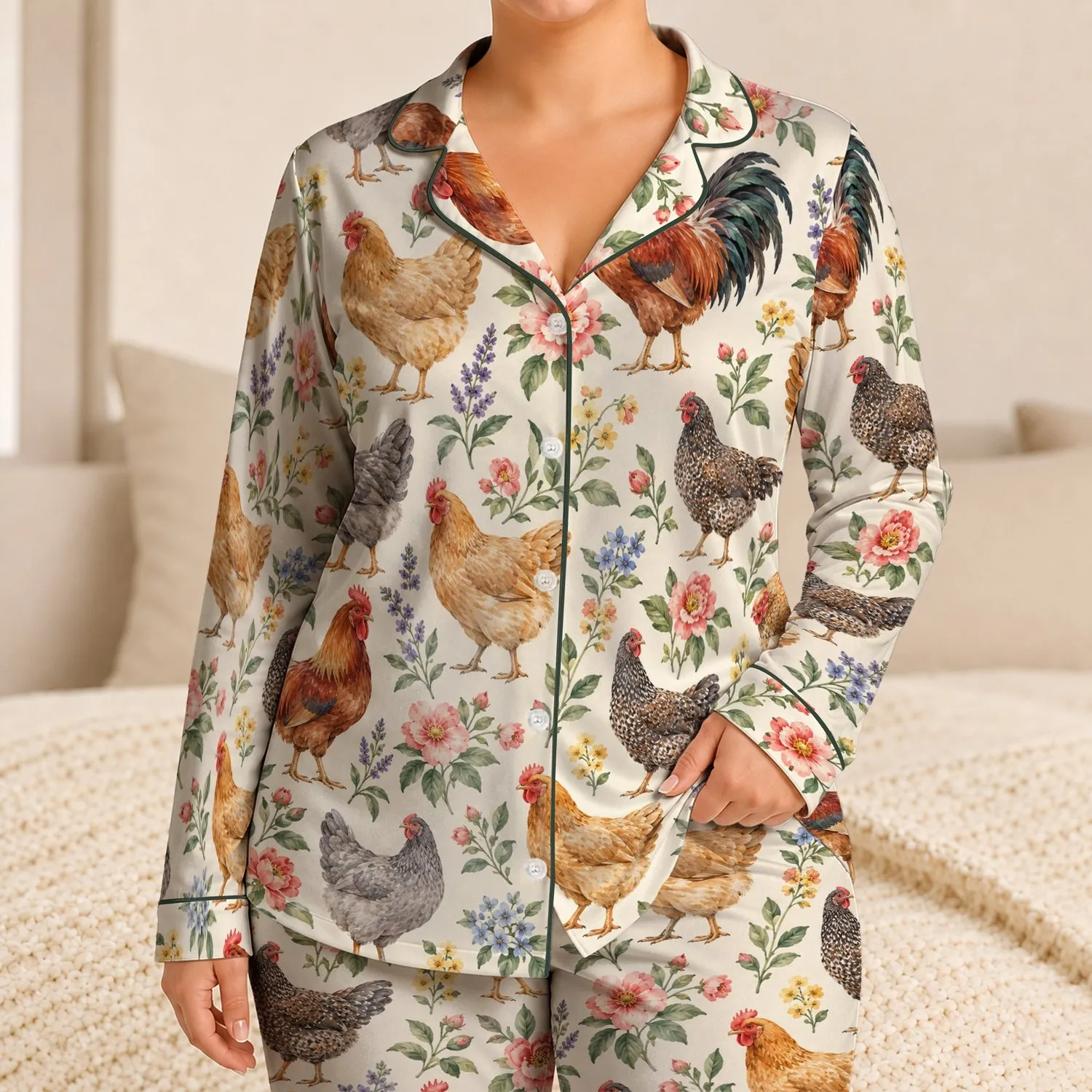 Watercolor Chickens And Wildflowers For Cozy Cottage Living And Farmhouse Fans Satin Pajamas Set - 1