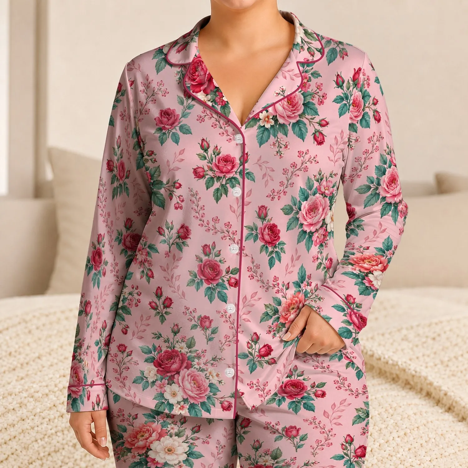 Pink Cottage Rose Sprigs and Garden Blooms for Cozy Evenings and Thoughtful Gift Giving Satin Pajamas Set - 1