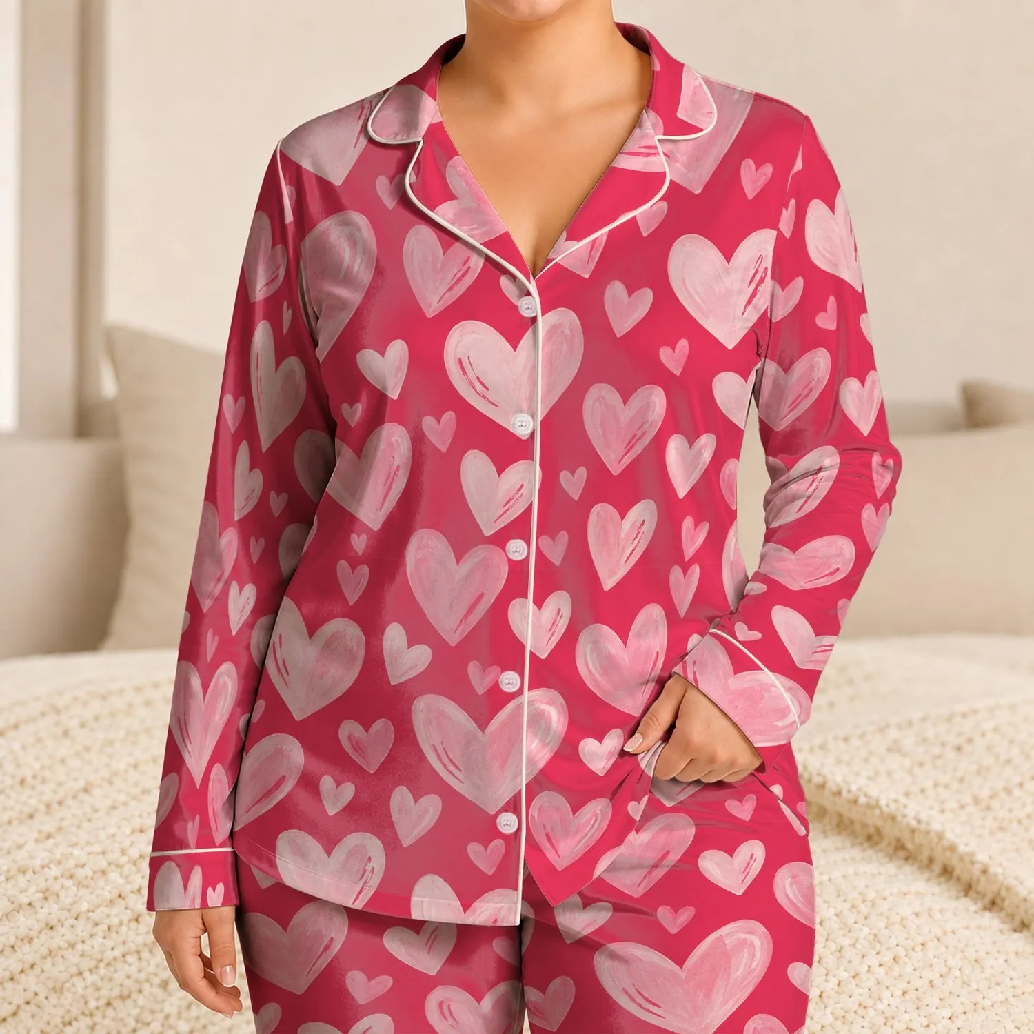 Blush Heart Motif For Cozy Romantic Evenings And Sweet Valentine Moments Satin Pajamas Set - 1
