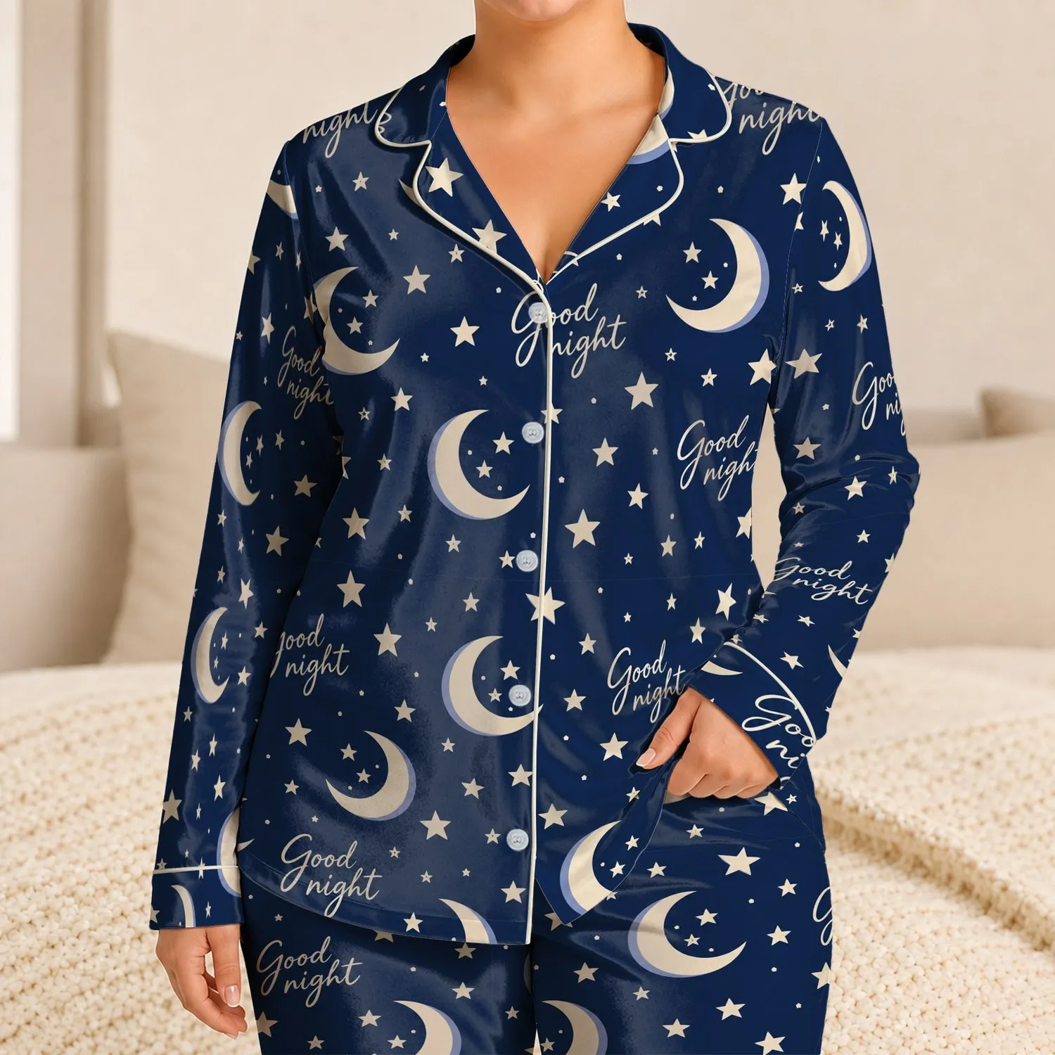 Crescent Moon and Star Motifs for Cozy Evenings and Peaceful Bedtime Routines Satin Pajamas Set - 1