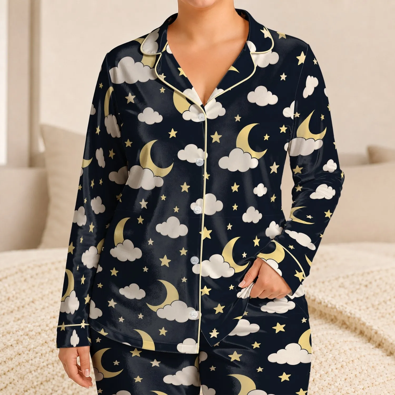 Moon And Cloud Night Sky Motifs For Cozy Bedtime And Relaxing Evenings Satin Pajamas Set - 1
