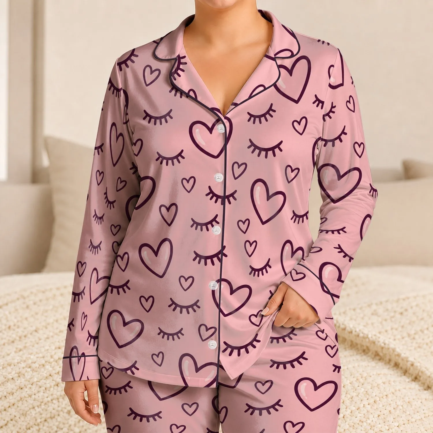 Blush Heart And Eyelash Motifs For Cozy Valentine's Day Lounging Gift For Her Satin Pajamas Set - 1