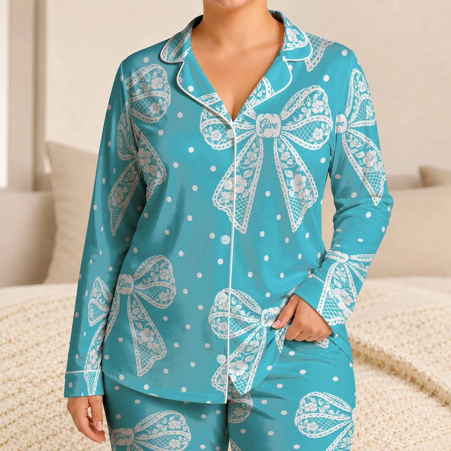Aqua Polka Dot Bows for Cozy Evenings and Sweet Vintage-Inspired Gift Style at Home Satin Pajamas Set - 1