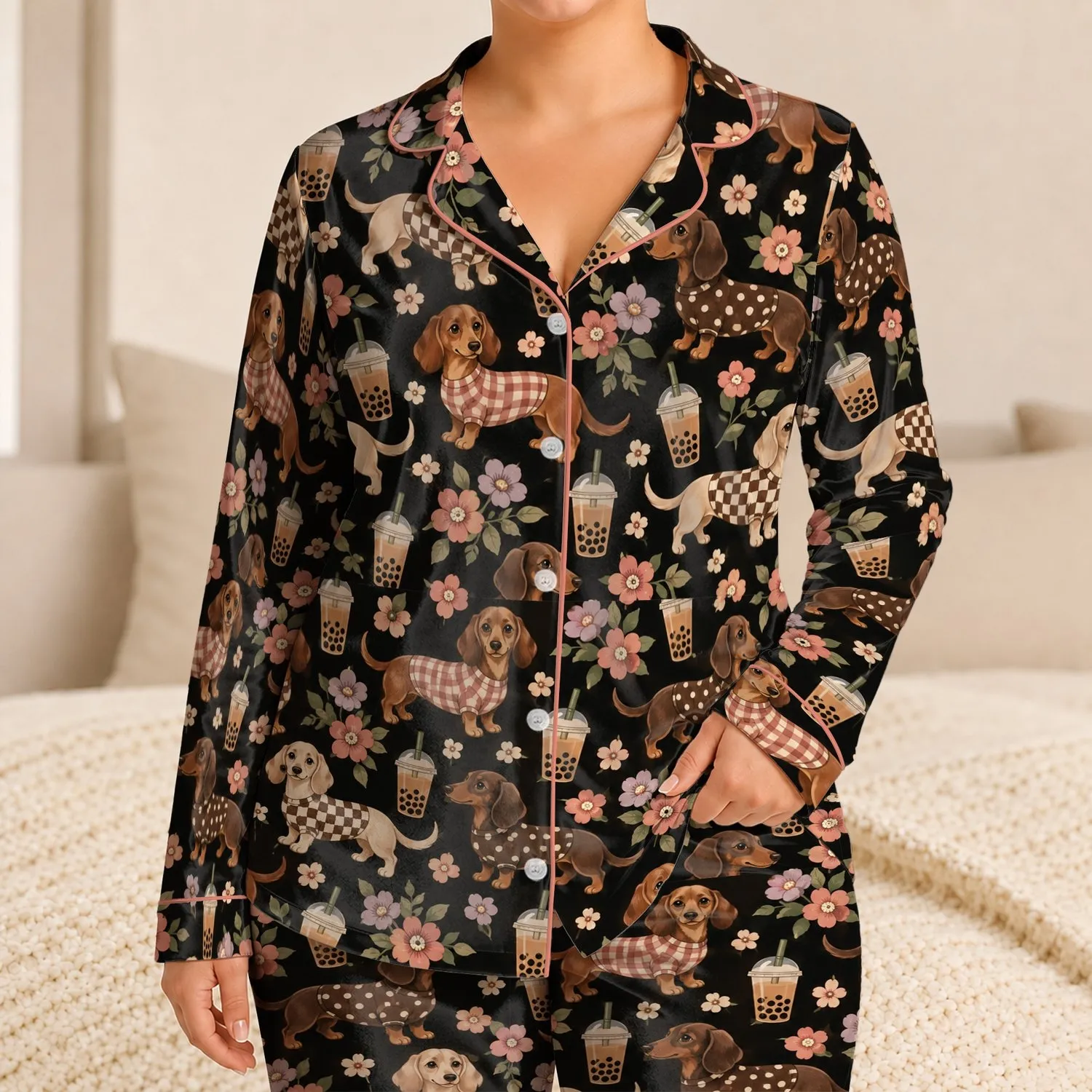 Dachshund and Bubble Tea Companions for Cozy Evenings and Dog-Loving Gift Seekers Satin Pajamas Set - 1