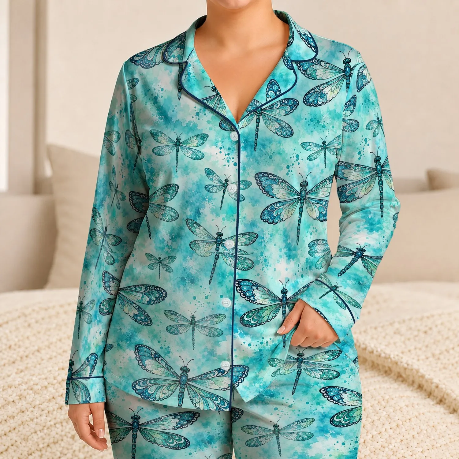 Turquoise Dragonfly and Tie-Dye Motifs for Relaxed Summer Lounging and Gift Giving Satin Pajamas Set - 1