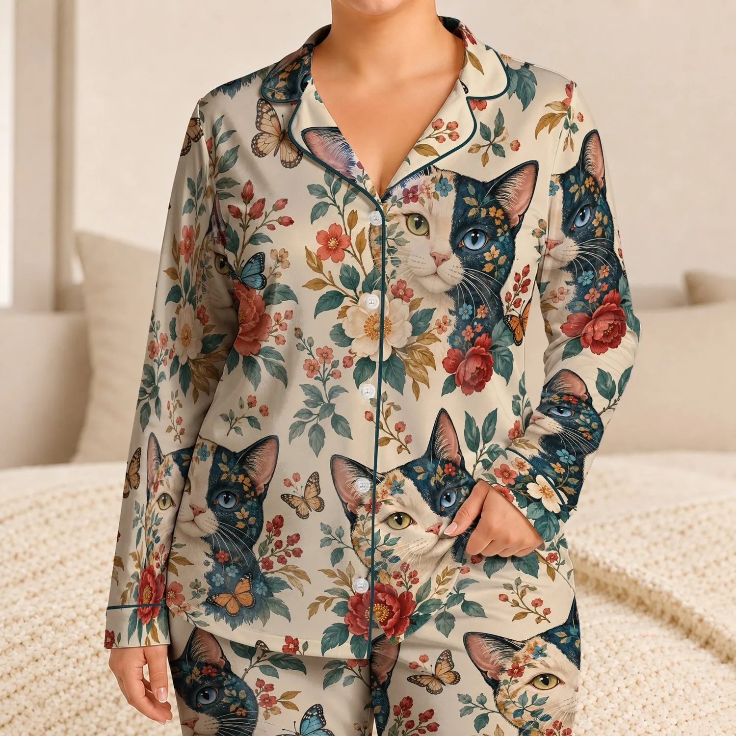 Color Block Botanical Cat Portraits for Cozy Evenings and Whimsical Gift Giving at Home Satin Pajamas Set - 1