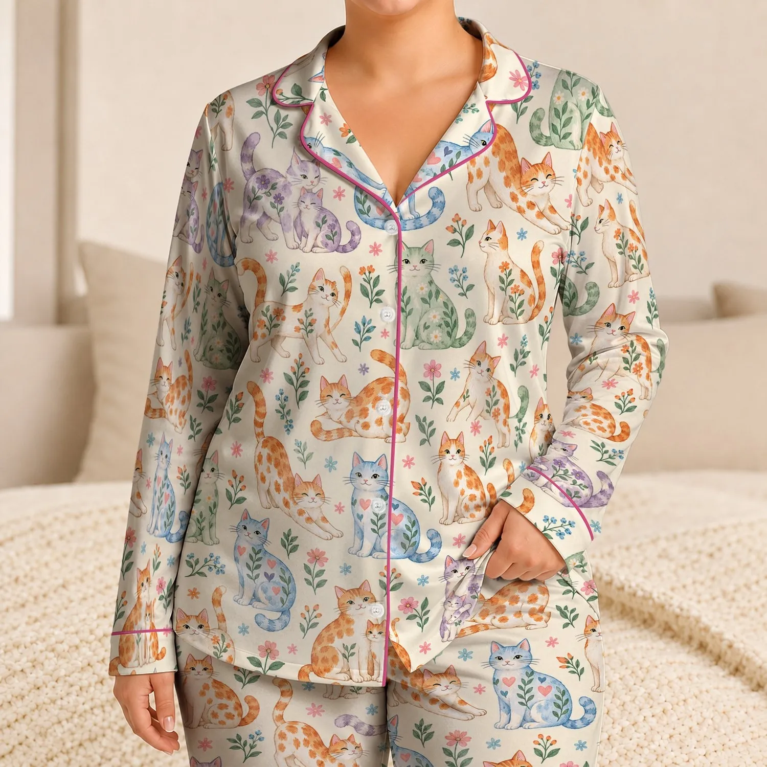 Whimsical Cat Family Companions for Valentine's Day Gifting and Cozy Home Relaxation Satin Pajamas Set - 1