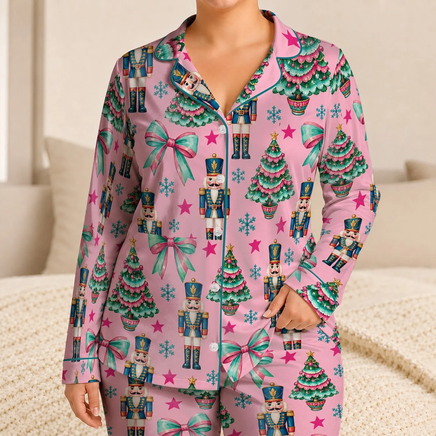 Pink Nutcracker Holiday Cheer for Cozy Christmas Mornings and Festive Winter Lounging Satin Pajamas Set - 1