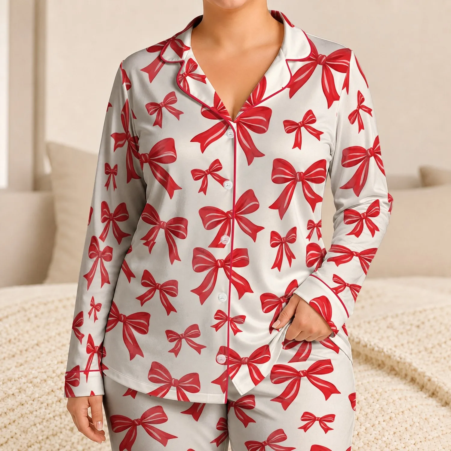 Cherry Red Ribbon Bows for Romantic Spring Mornings and Sweet Valentine Gifting Satin Pajamas Set - 1