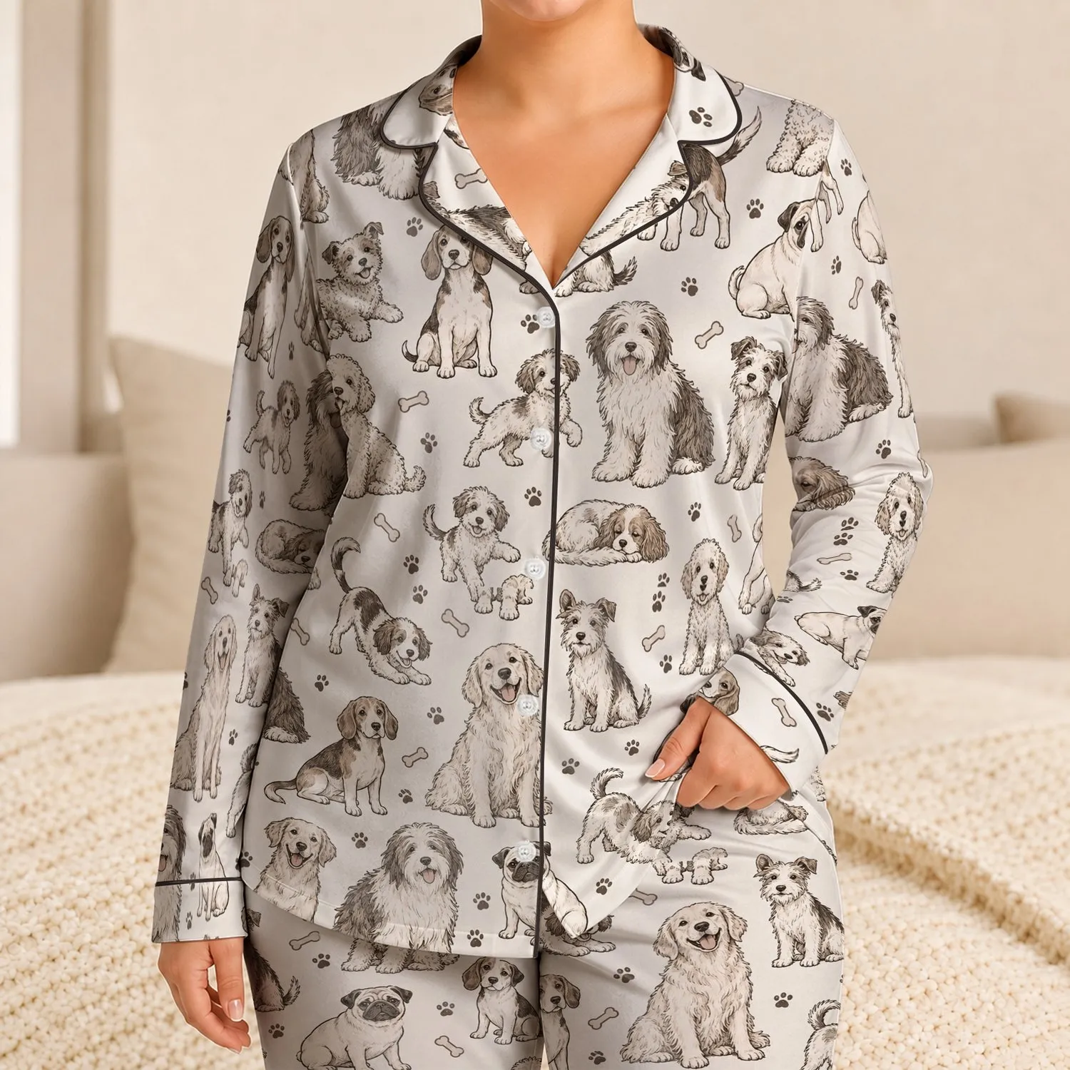 Hand-Drawn Dogs and Puppies for Cozy Holiday Lounging and Relaxed Evenings Satin Pajamas Set - 1