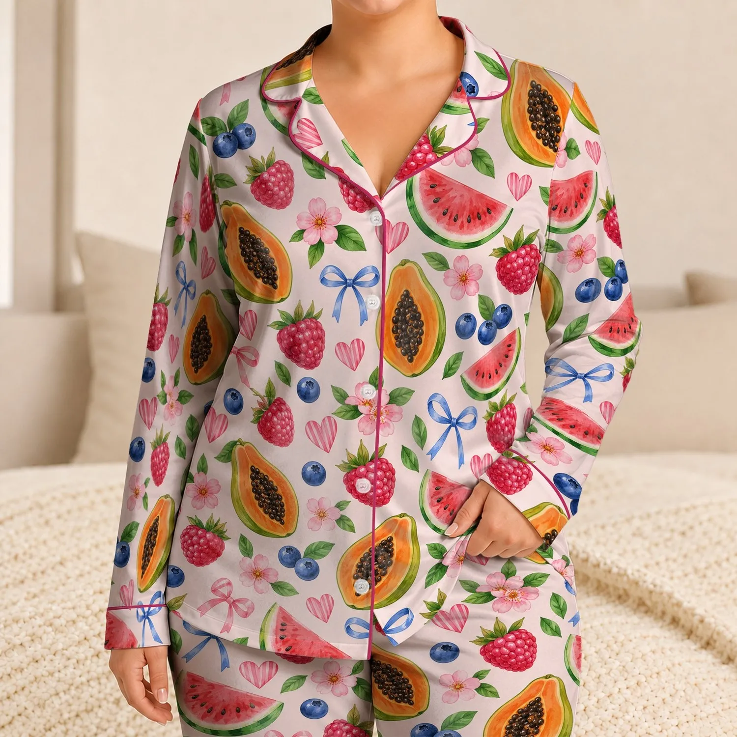 Raspberry Watermelon And Papaya With Sweet Bows For Cheerful Summer Lounging Satin Pajamas Set - 1