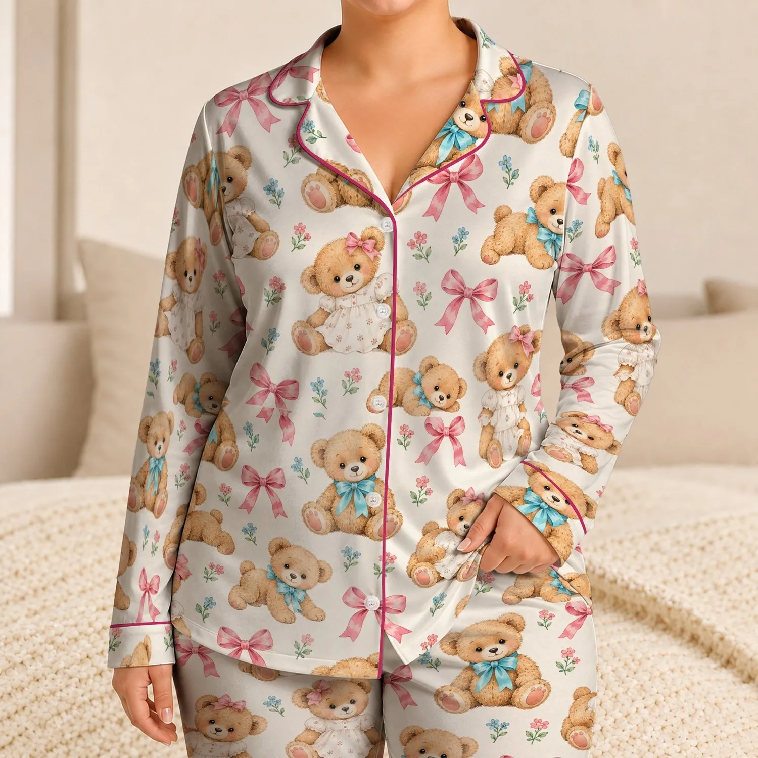 Cute Teddy Bears and Pink Bows for Cozy Bedtime Moments and Sweet Gift Giving Satin Pajamas Set - 1