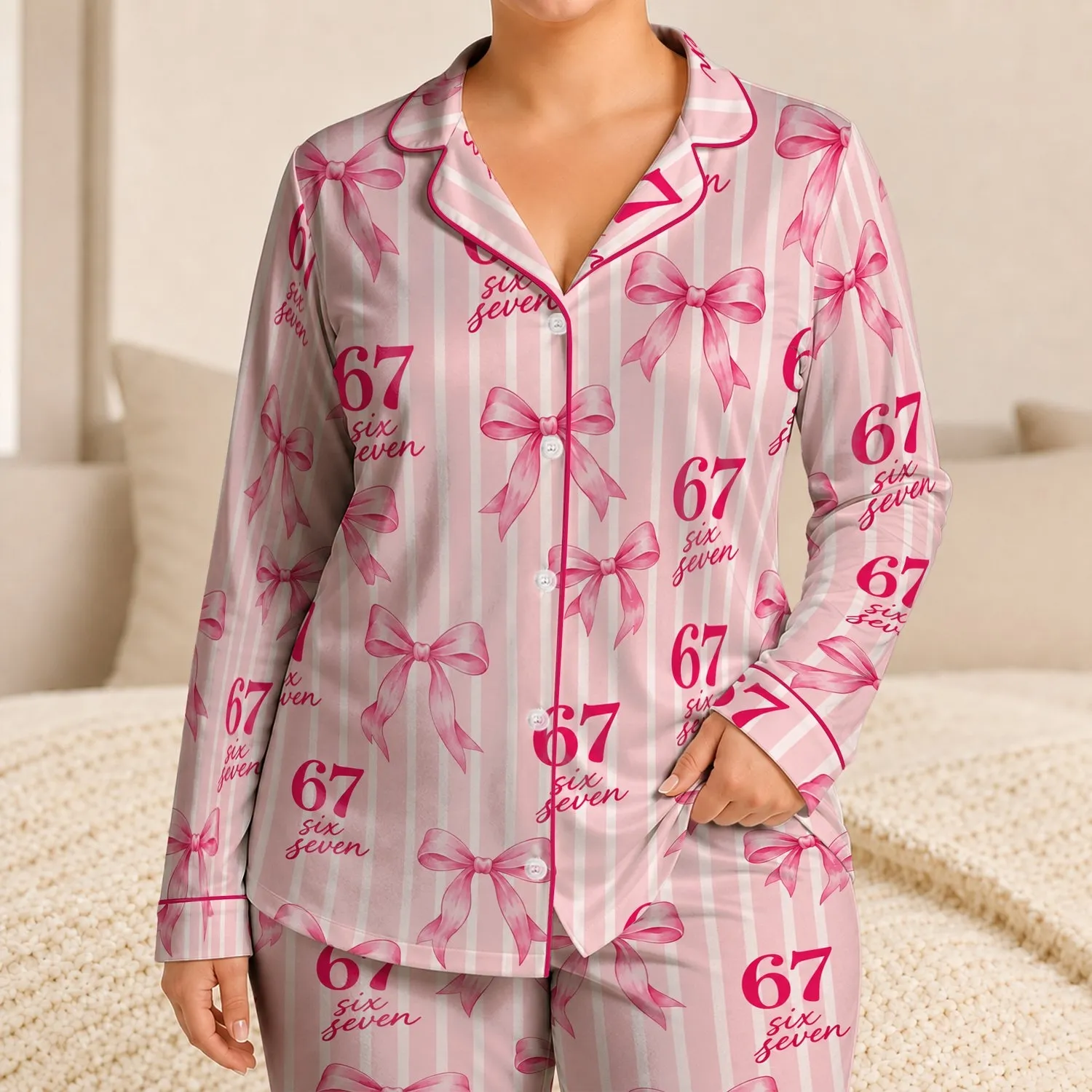 Pink 67 Stripes and Ribbon Bows for Cozy Weekend Lounging and Sweet Gift Giving Style Satin Pajamas Set - 1