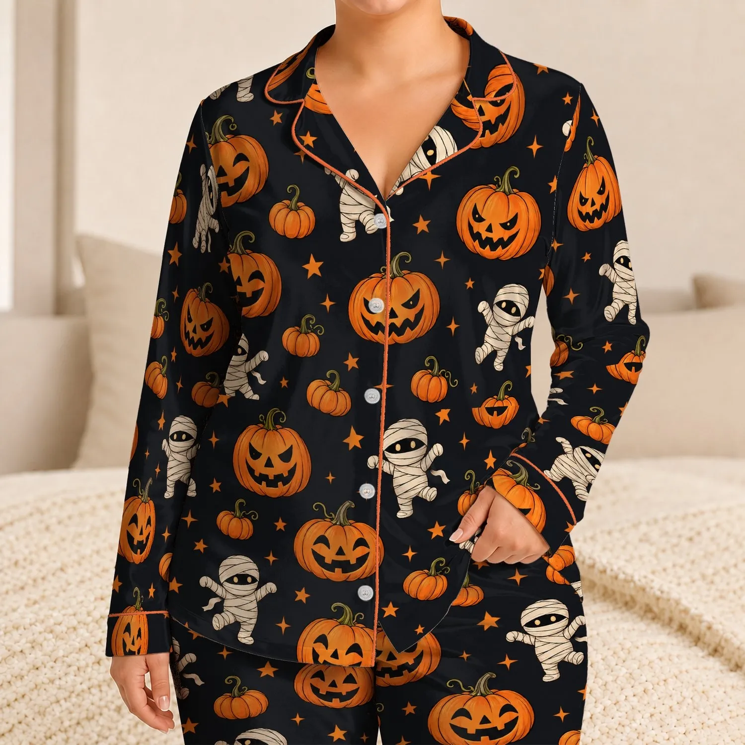 Jack-O'-Lanterns, Ghosts and Stars for Cozy Halloween Nights at Home Satin Pajamas Set - 1