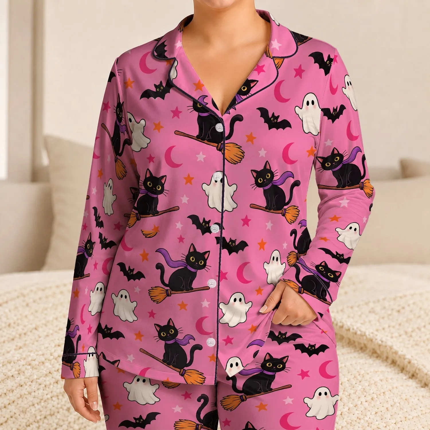 Pink Halloween Cats, Ghosts and Bats for Cozy October Nights and Festive Gifting Satin Pajamas Set - 1