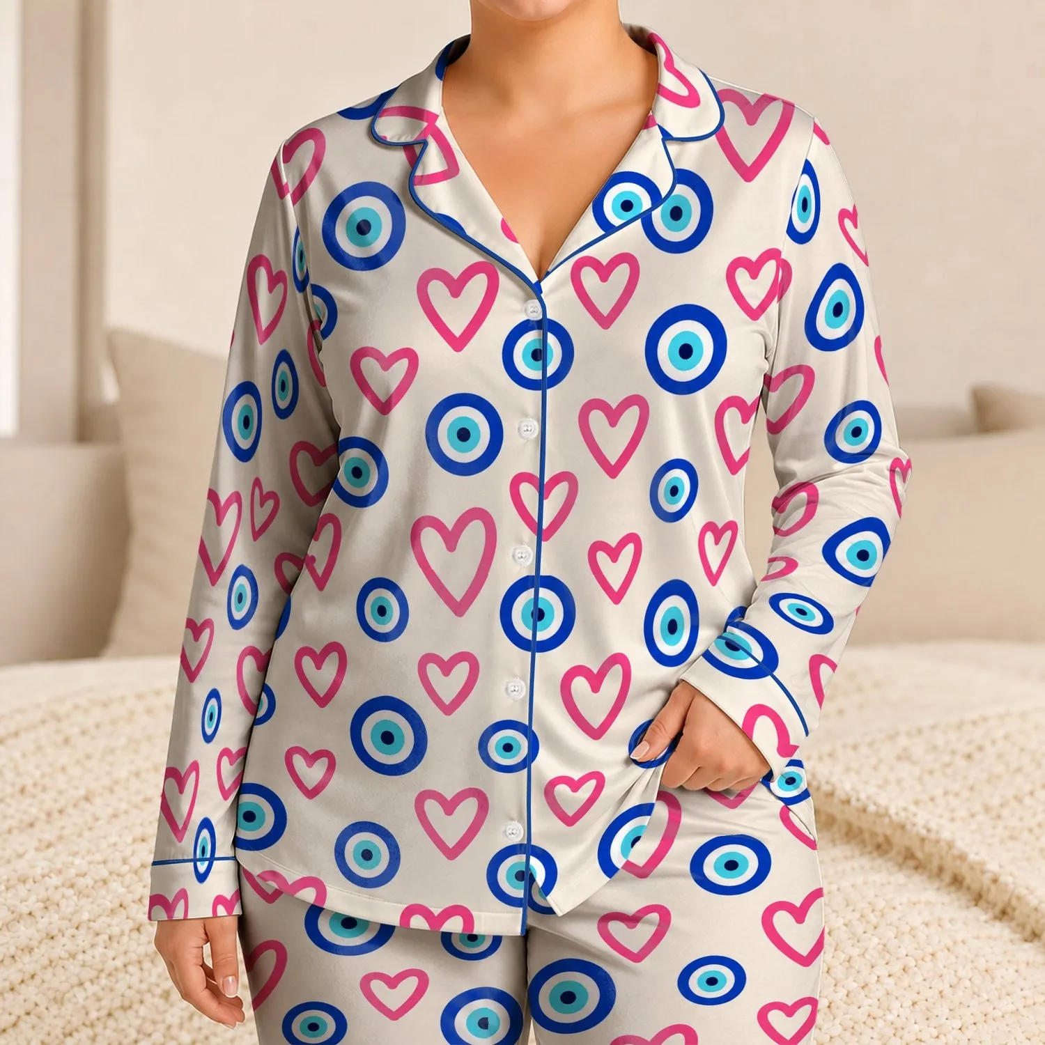 Pink Hearts And Blue Protective Eyes For A Playful Valentine's Day Gift Satin Pajamas Set - 1