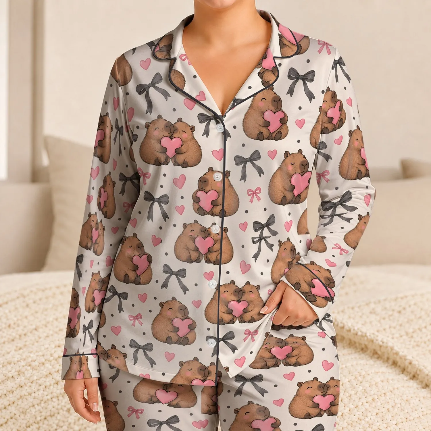 Charming Capybara Sweetheart Bows and Pink Hearts for Valentine's Day Gift Giving Satin Pajamas Set - 1