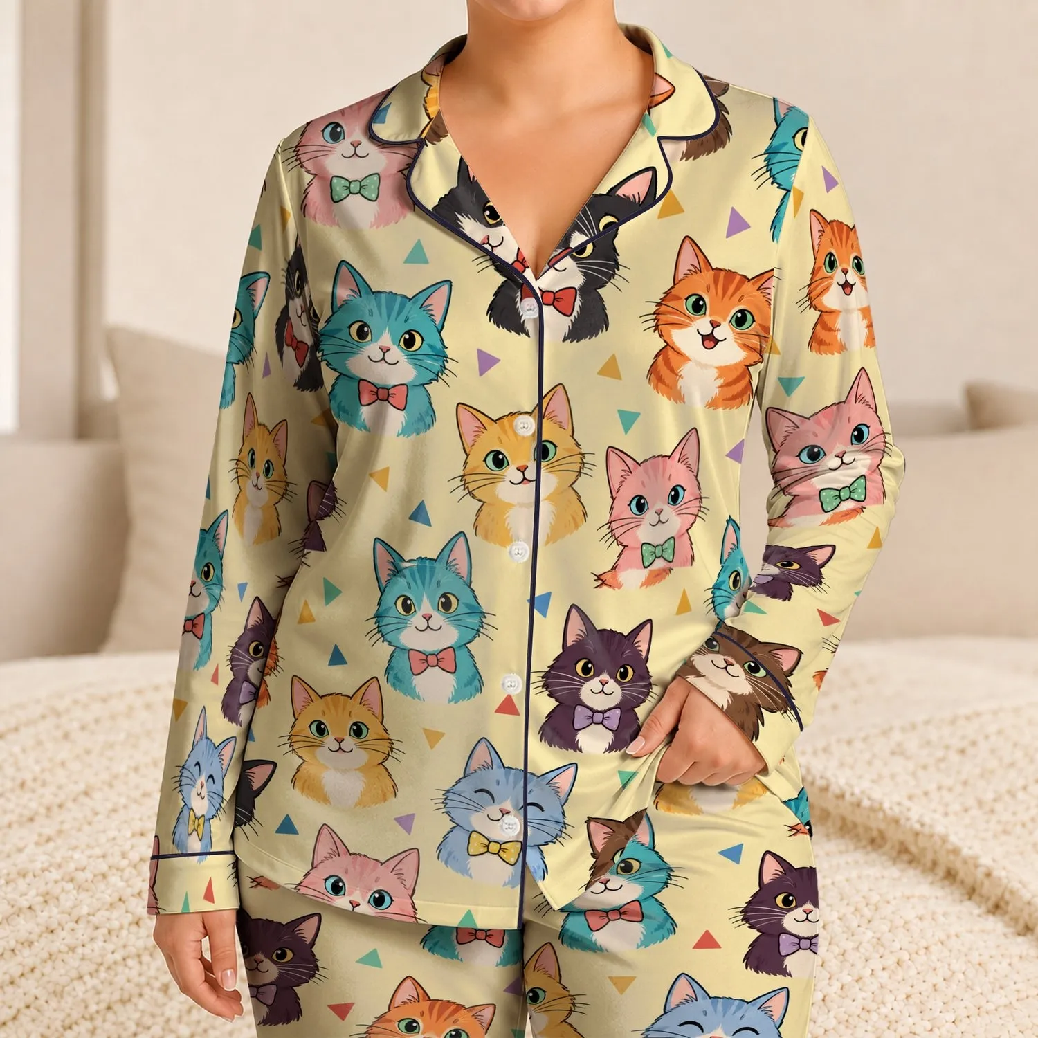 Colorful Cartoon Cat Faces for Cozy Evenings and Playful Lounging at Home for Her Satin Pajamas Set - 1
