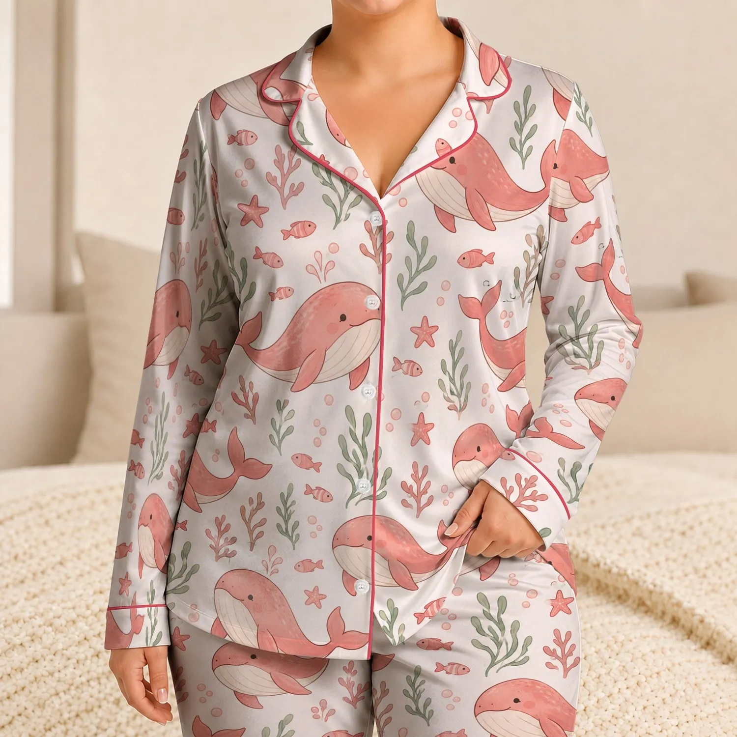 Coral Whale and Dolphin Ocean Motifs for Cozy Coastal Evenings and Valentine Gifting Satin Pajamas Set - 1