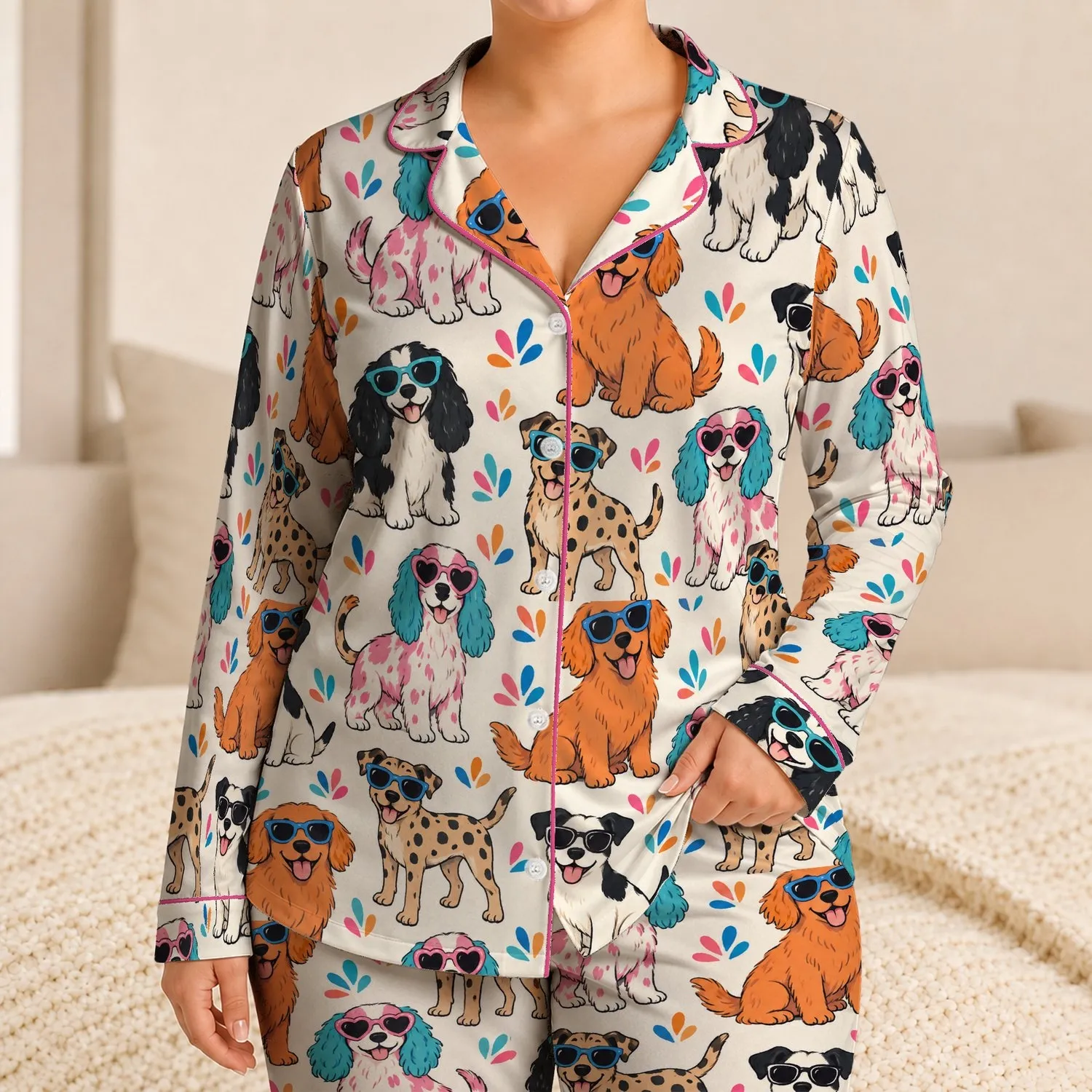Sunglasses-Wearing Dogs for Playful Valentine Gifting and Cozy Weekend Lounging Satin Pajamas Set - 1