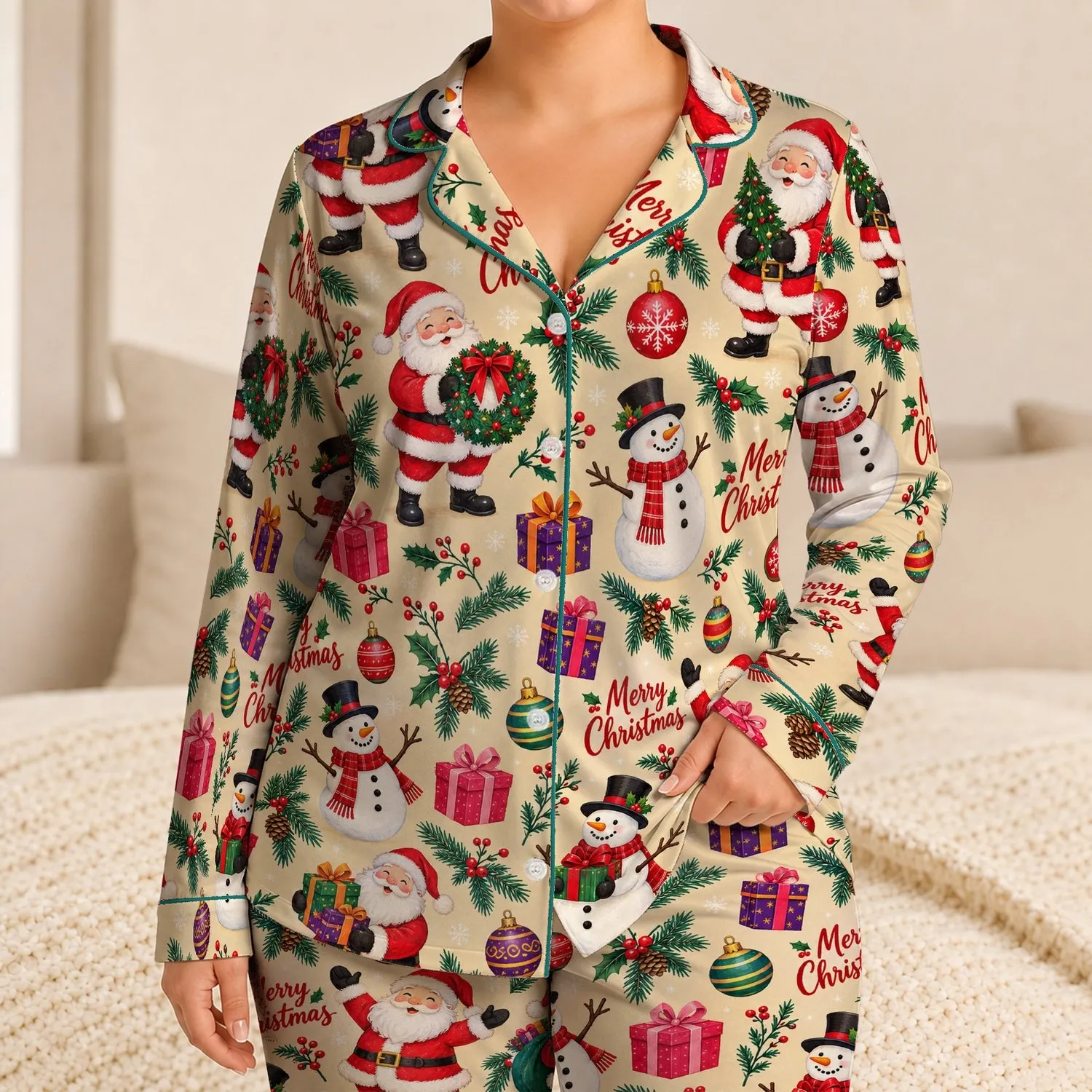 Santa, Snowmen And Wrapped Gifts For Cozy Christmas Mornings And Holiday Lounging Satin Pajamas Set - 1