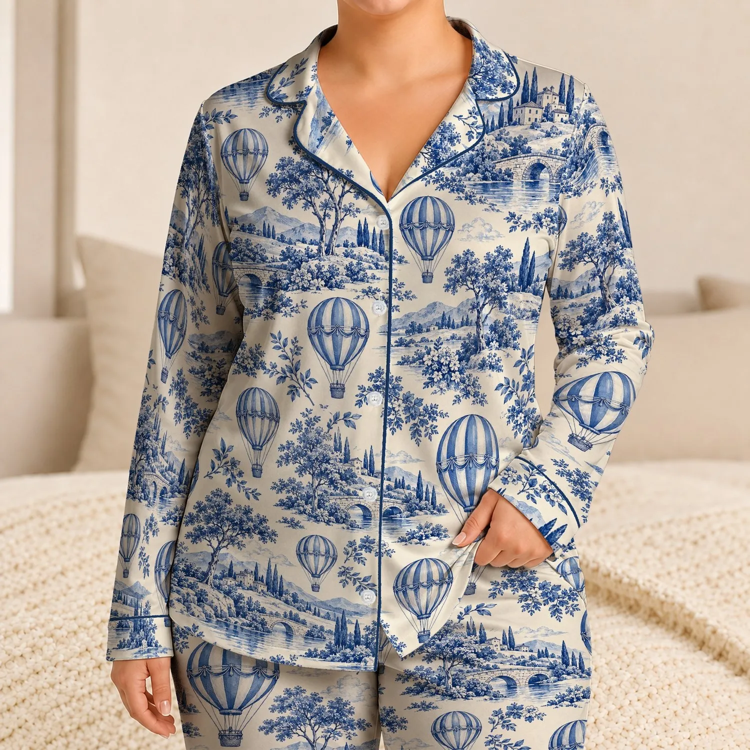 Hot Air Balloon Toile Scenes For Dreamy Travel-Inspired Evenings And Relaxed Gifting Satin Pajamas Set - 1