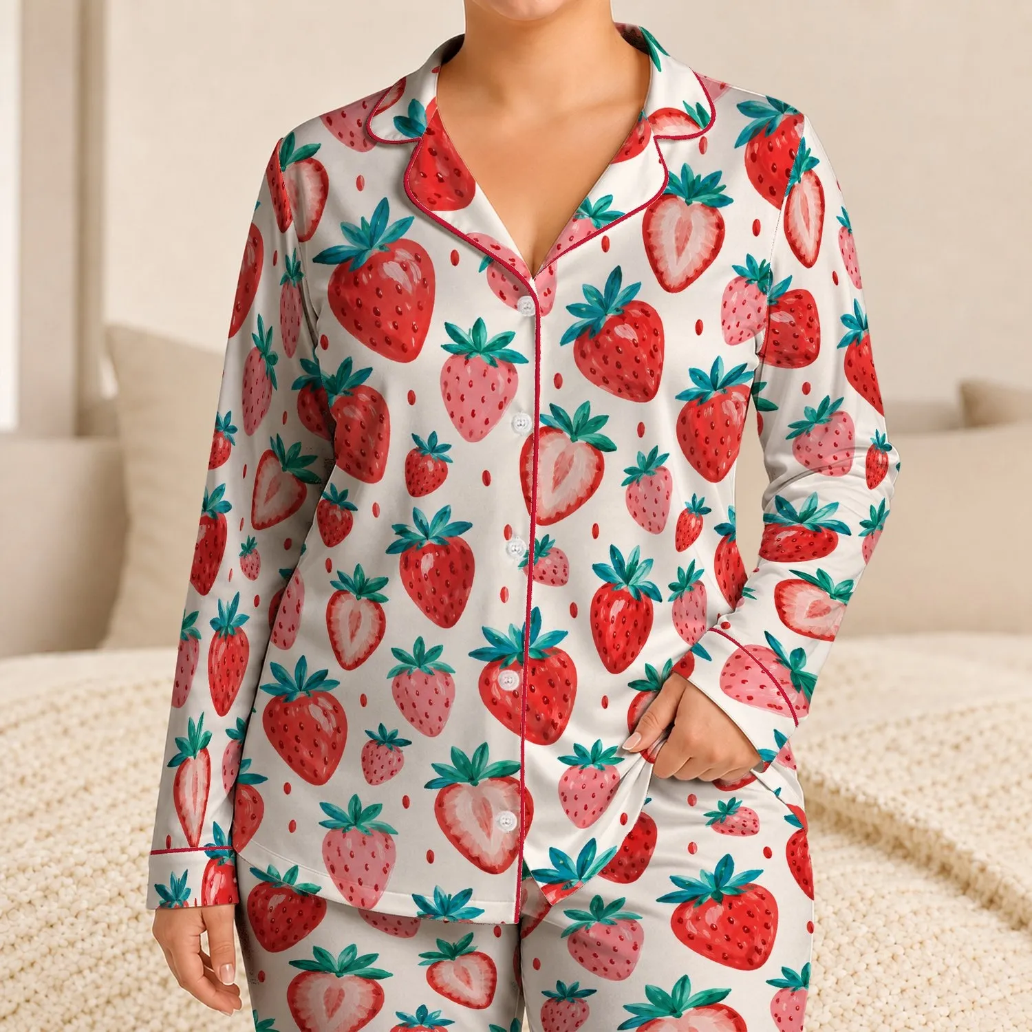 Strawberry And Pink Berry Motifs For Cozy Nights At Home Satin Pajamas Set - 1
