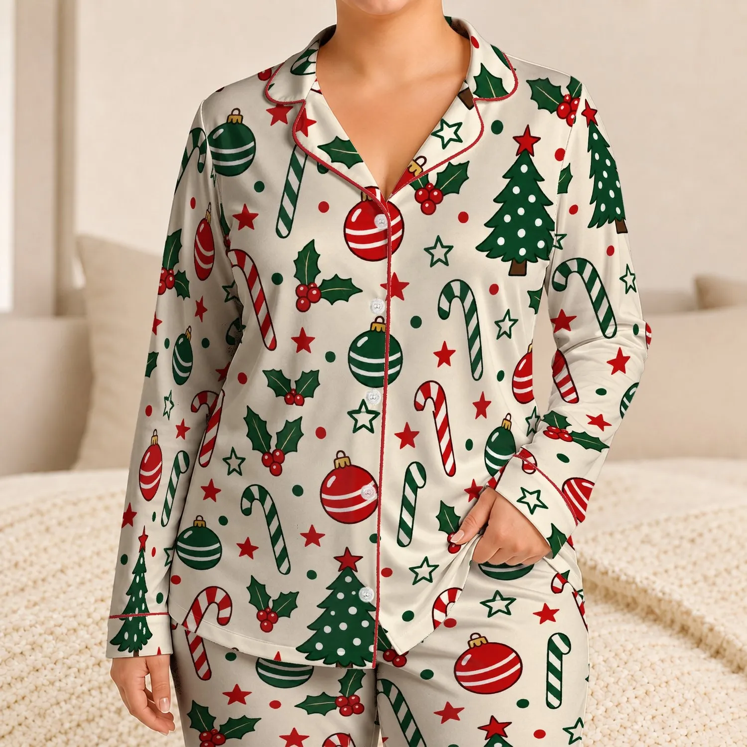 Red And Evergreen Christmas Ornaments, Candy Canes & Holly For Cozy Holiday Gifting Satin Pajamas Set - 1