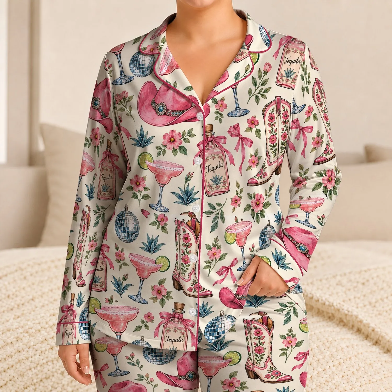 Cowgirl Hats, Boots and Tequila Motifs for Playful Summer Lounging and Gifting Satin Pajamas Set - 1