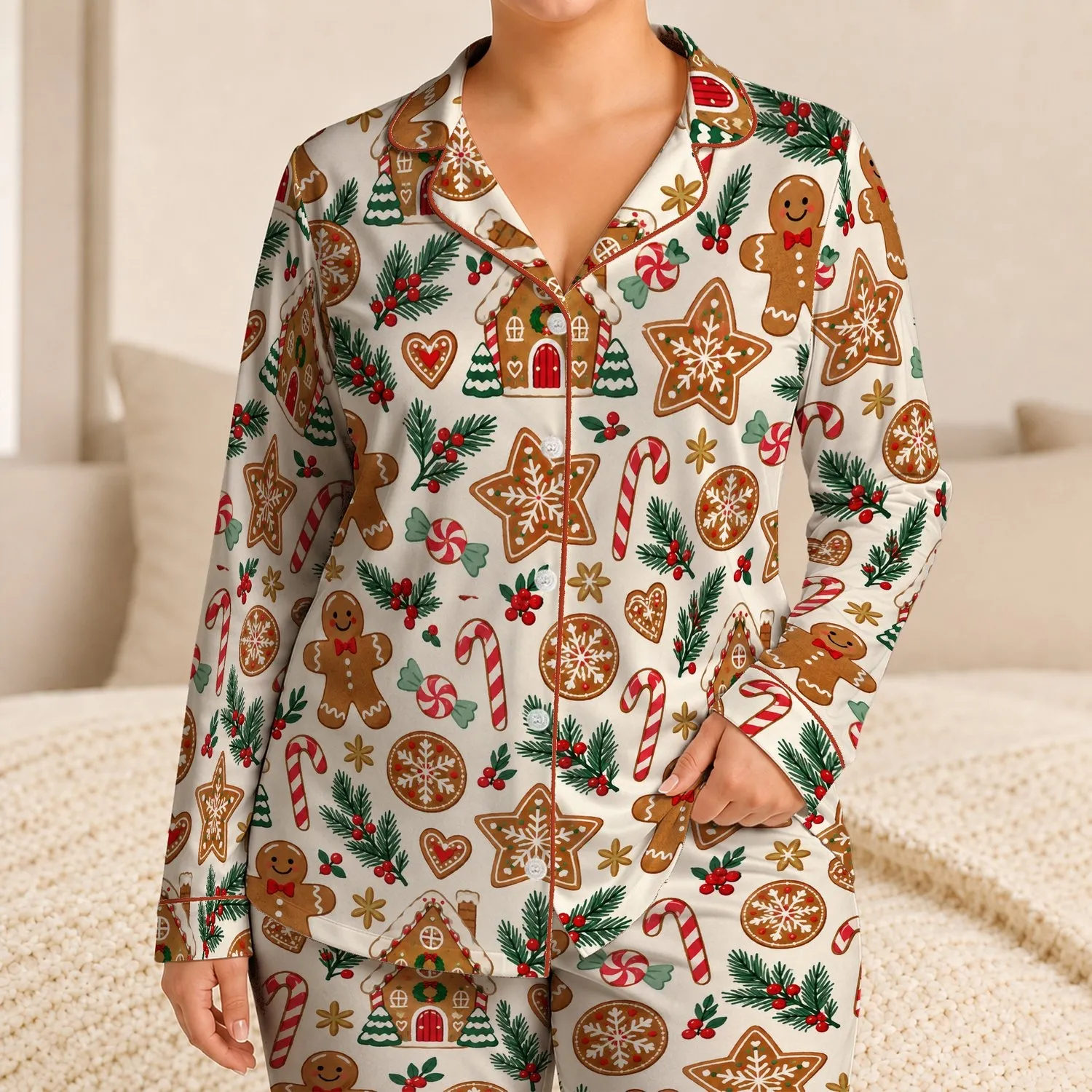 Gingerbread Houses, Cookies And Candy Canes For Cozy Christmas Morning Gifting Satin Pajamas Set - 1
