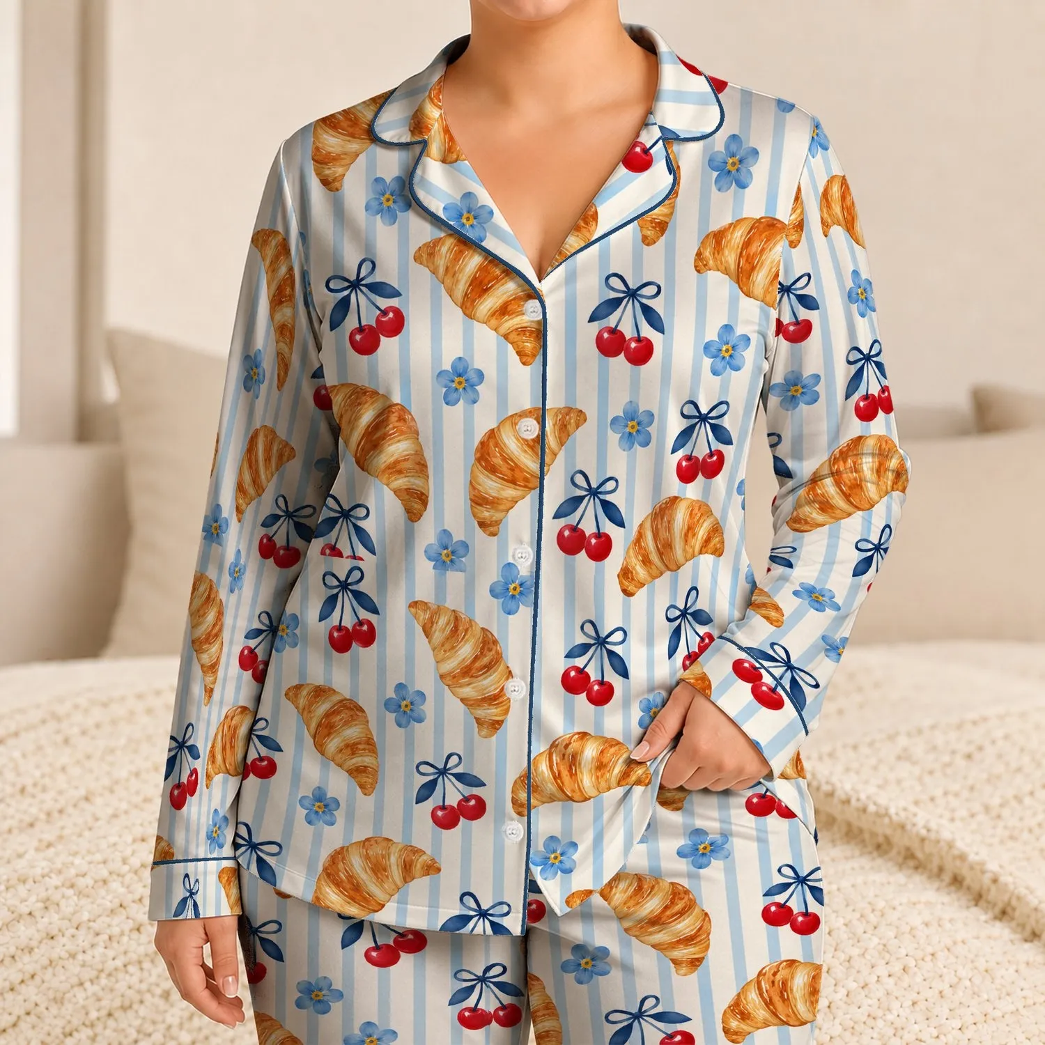 Croissant Cherry Blossom Motifs For Cozy Weekend Mornings And Sweet Gift Giving Satin Pajamas Set - 1