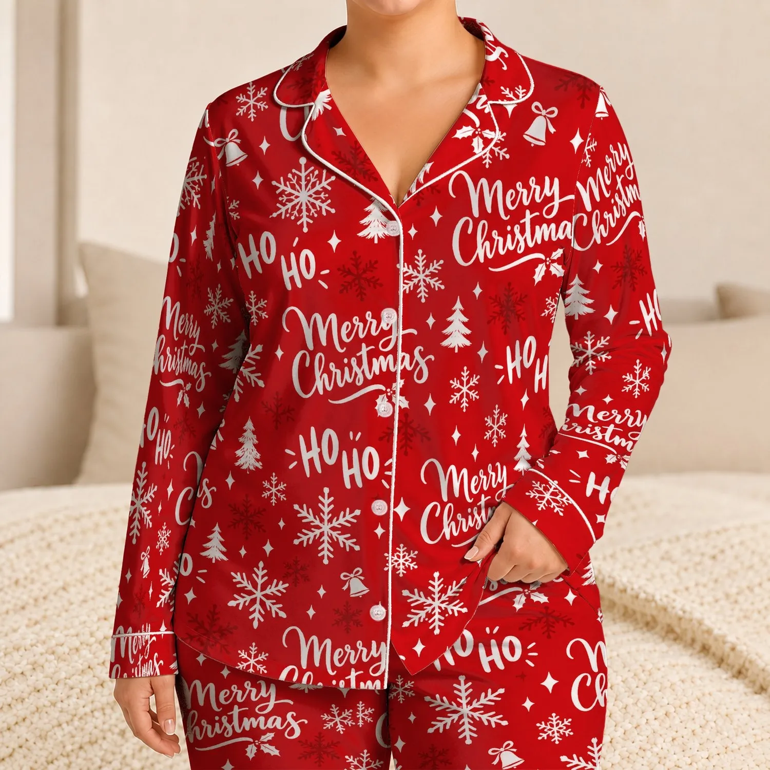 Merry Christmas Snowflakes and Ho Ho Cheer for Cozy Holiday Mornings at Home Together Satin Pajamas Set - 1