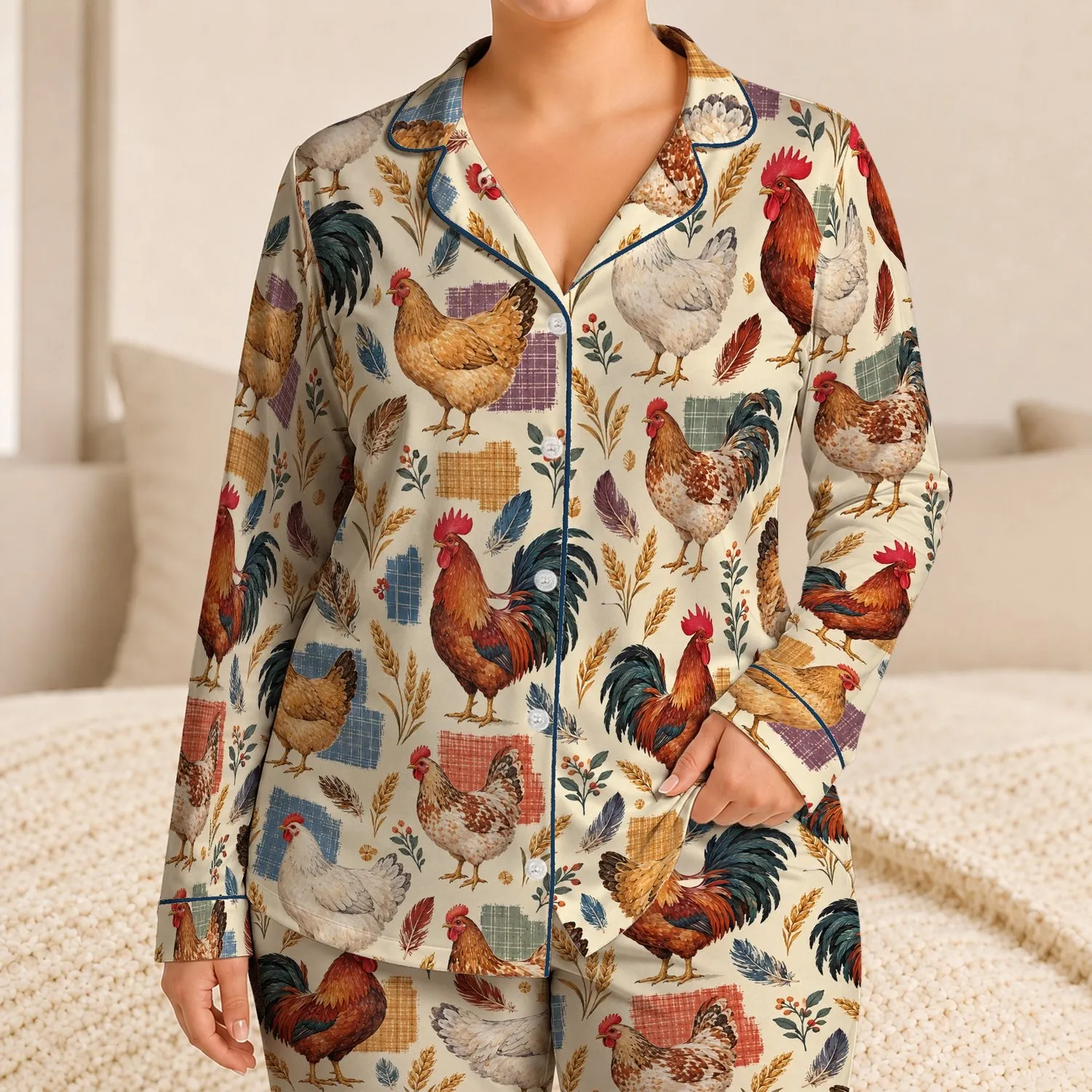 Colorful Farmyard Roosters and Hens for Cozy Country Living Gift Ideas Satin Pajamas Set - 1