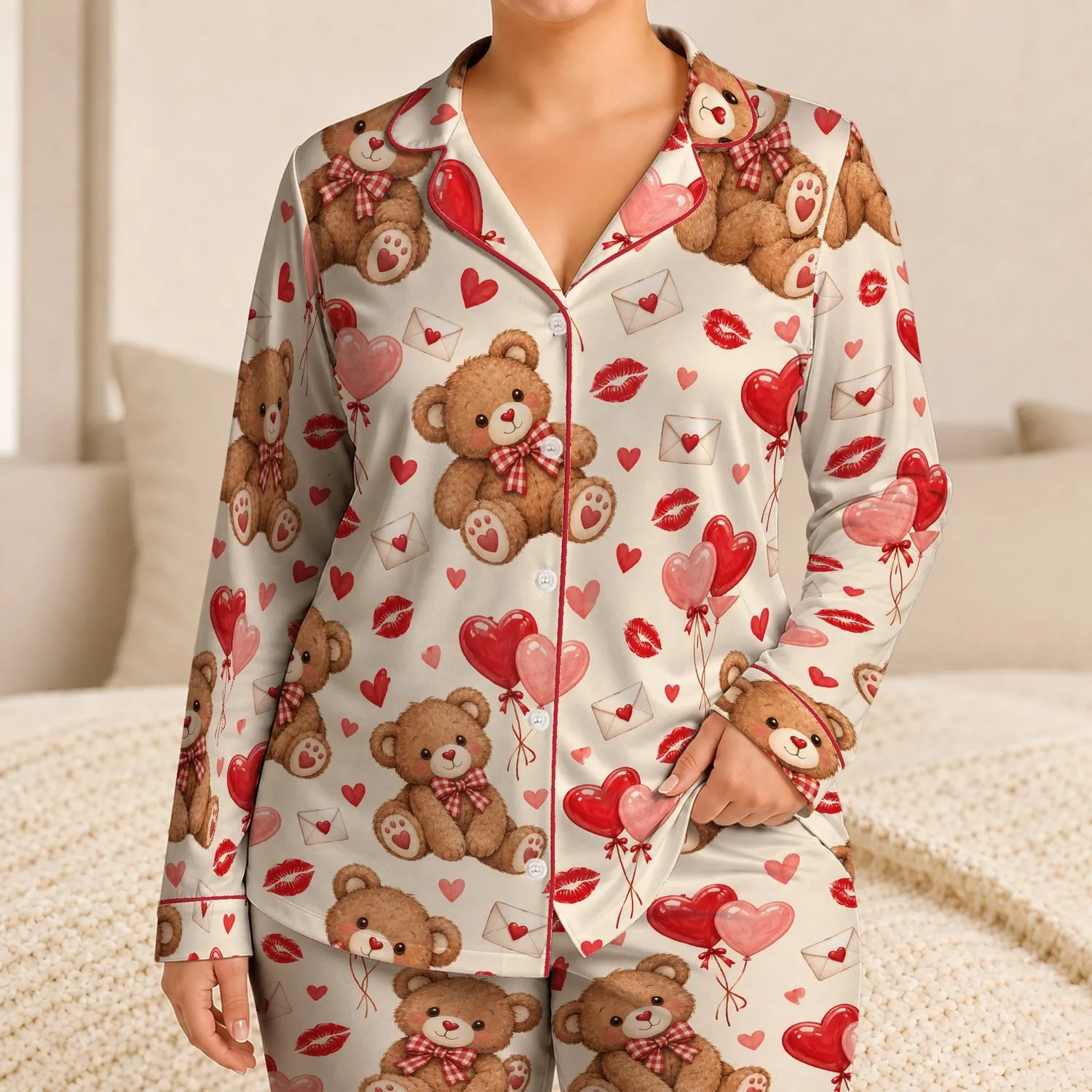 Sweetheart Teddy Bears and Red Kisses for Cozy Romantic Evenings at Home for Her Satin Pajamas Set - 1
