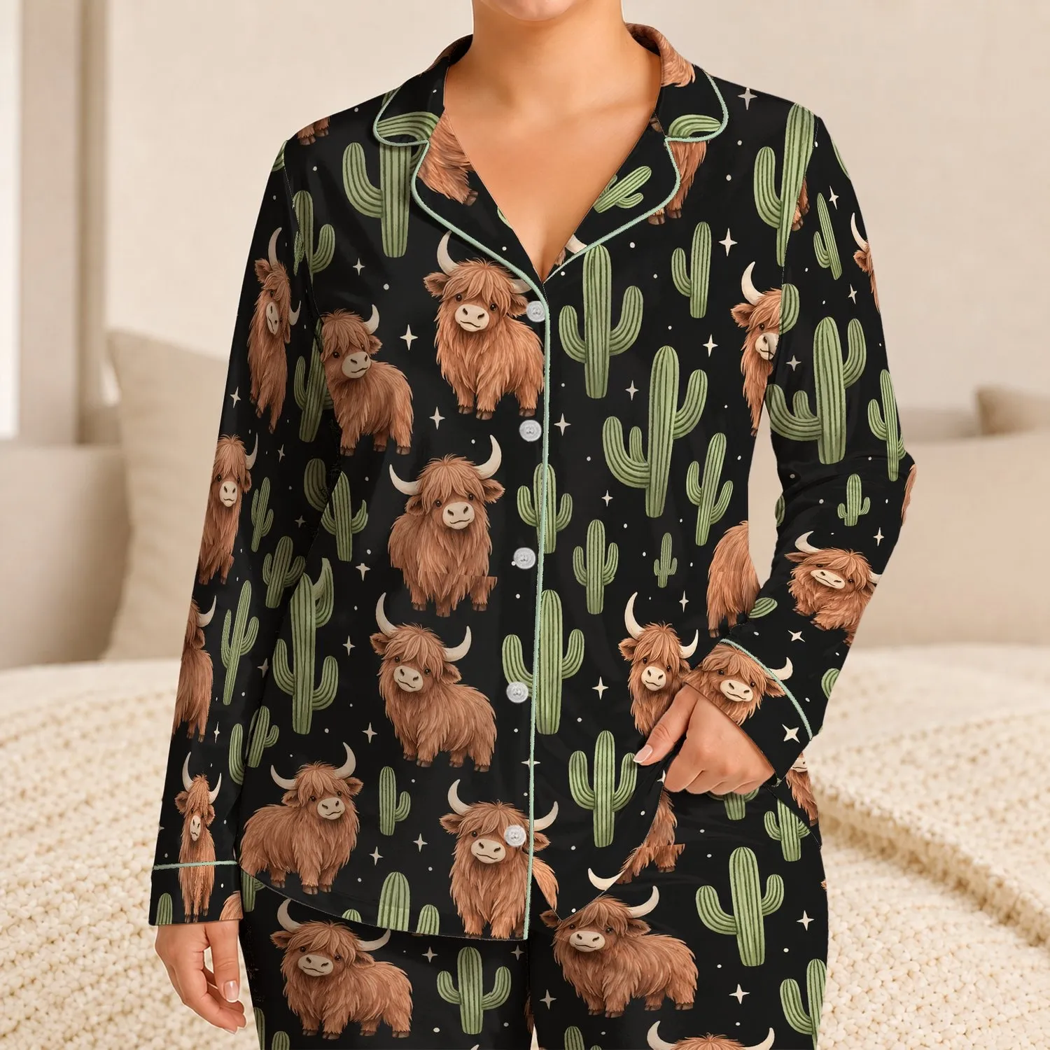 Cactus and Highland Yak Desert Whimsy for Cozy Winter Lounging Satin Pajamas Set - 1