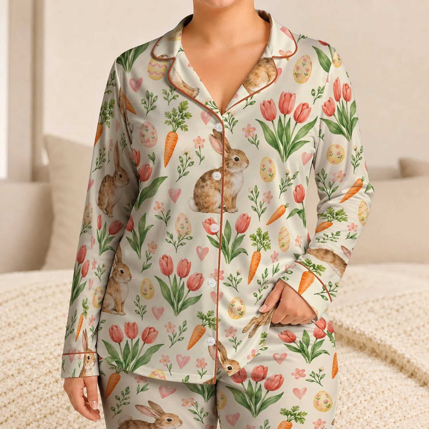 Watercolor Bunny Carrot Tulip Springtime Garden for Cozy Easter Mornings Satin Pajamas Set - 1