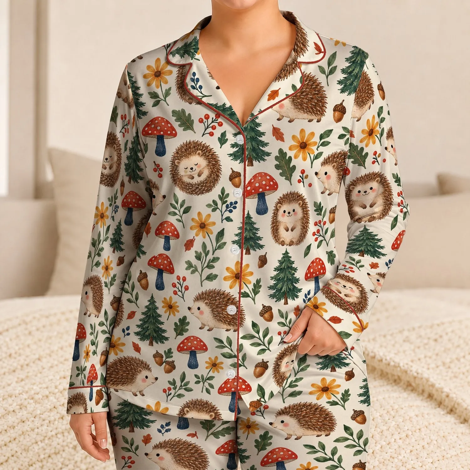 Woodland Hedgehog And Mushroom Motifs For Cozy Nature-Inspired Lounging Satin Pajamas Set - 1