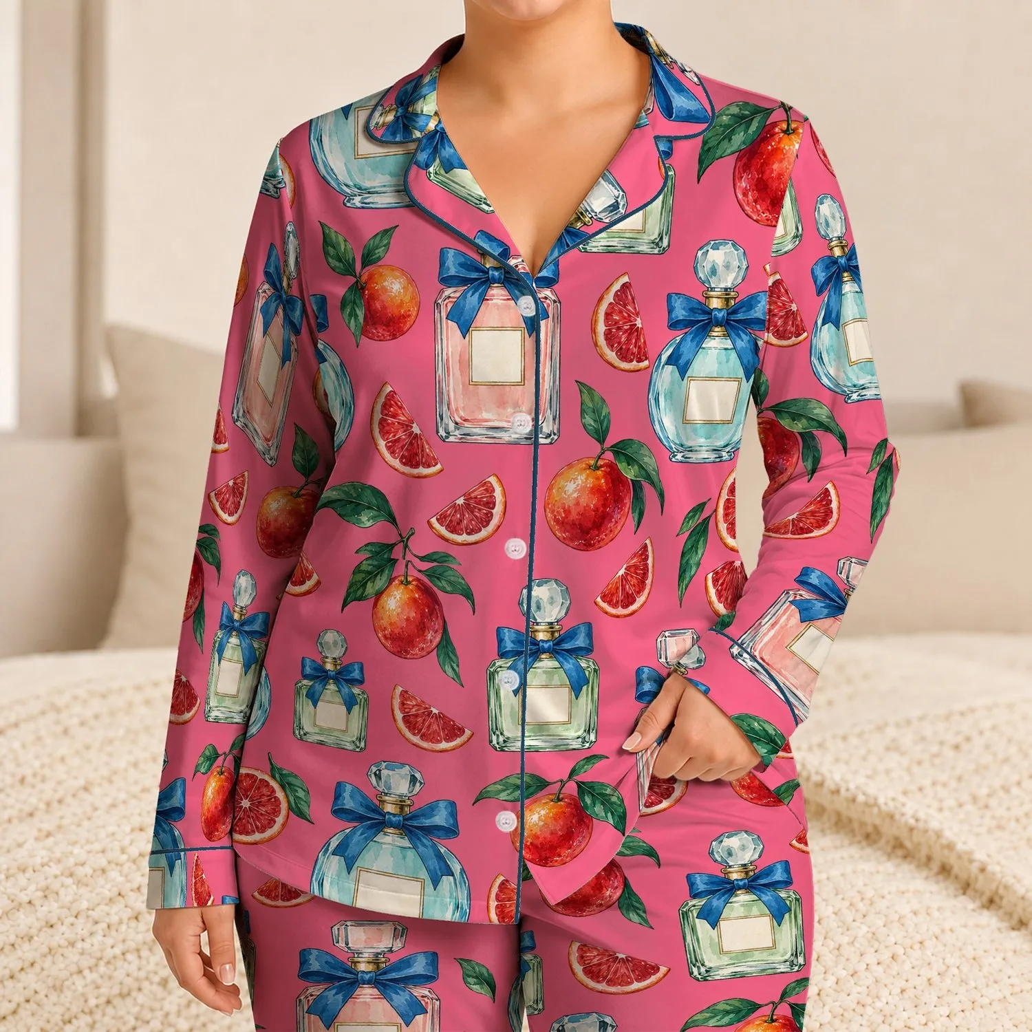 Bow-Tied Perfume Bottles and Citrus for Romantic Evenings and Cozy Gift Giving at Home Satin Pajamas Set - 1