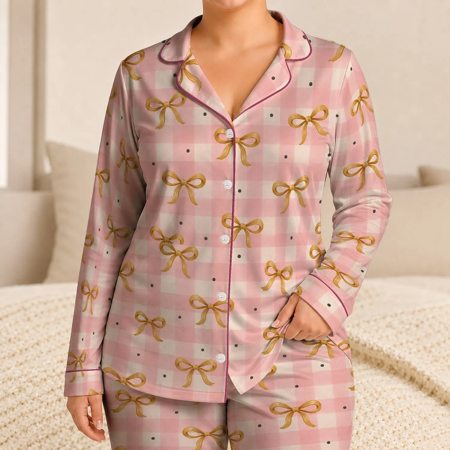 Pink Gingham Bows for Cozy Cottagecore Bedtime and Relaxed Summer Lounging at Home Satin Pajamas Set - 1